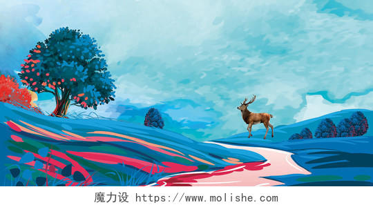房地产促销介绍蓝色油画手绘小鹿树木植物山水风光优美海报
